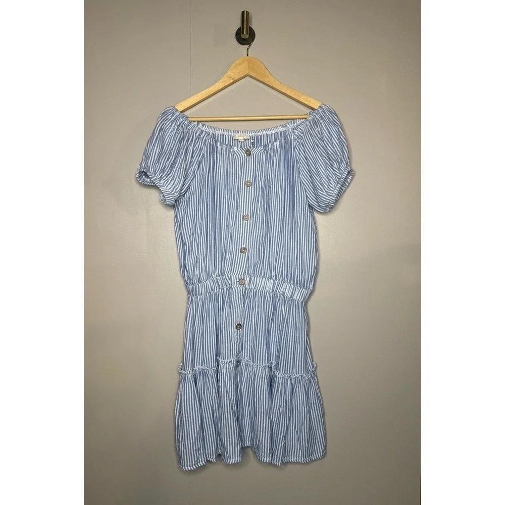 Elan Blue White Striped Off Shoulder Mini Dress Boho Tiered Size S - Picture 2 of 5